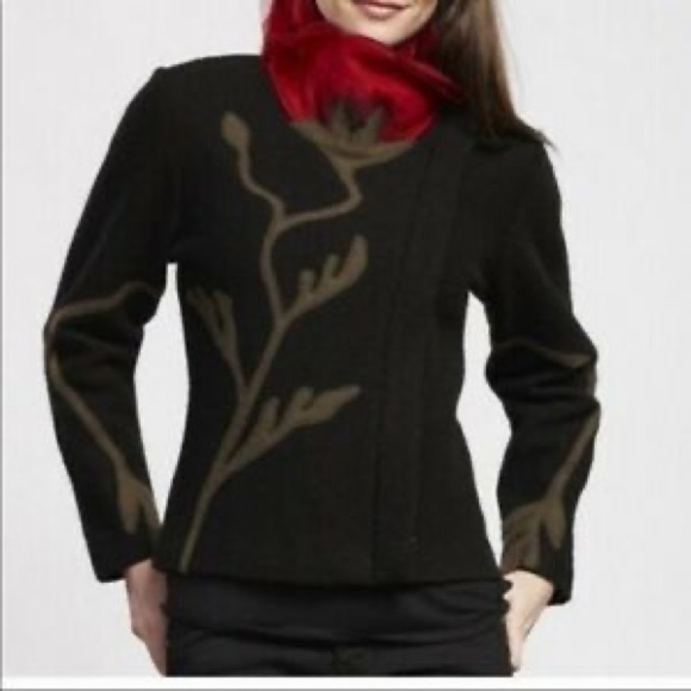 CoVela Anthropologie Boiled Wool Black Zip up Jacket with Red Poppy Collar Stem